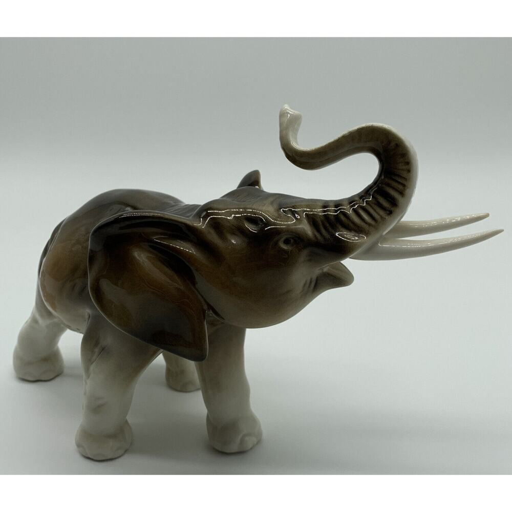Royal Dux Trunk Up Elephant Figurine Czechoslovakia 6” Tall 2” Tusk Good Luck